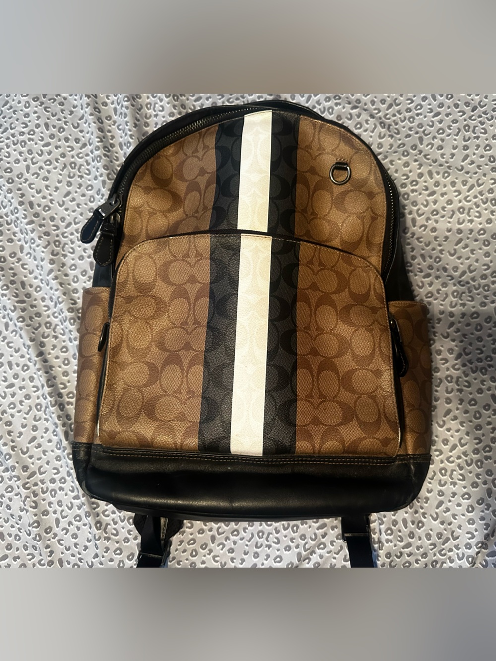 Coach Brown Signature Canvas Backpack with Black and White Center Stripe